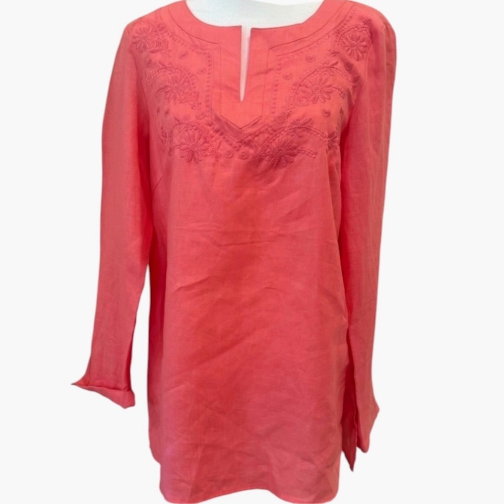 Saint Tropez West Womens Coral Pink 100% Linen Embroidered Tunic Top Size M NWT